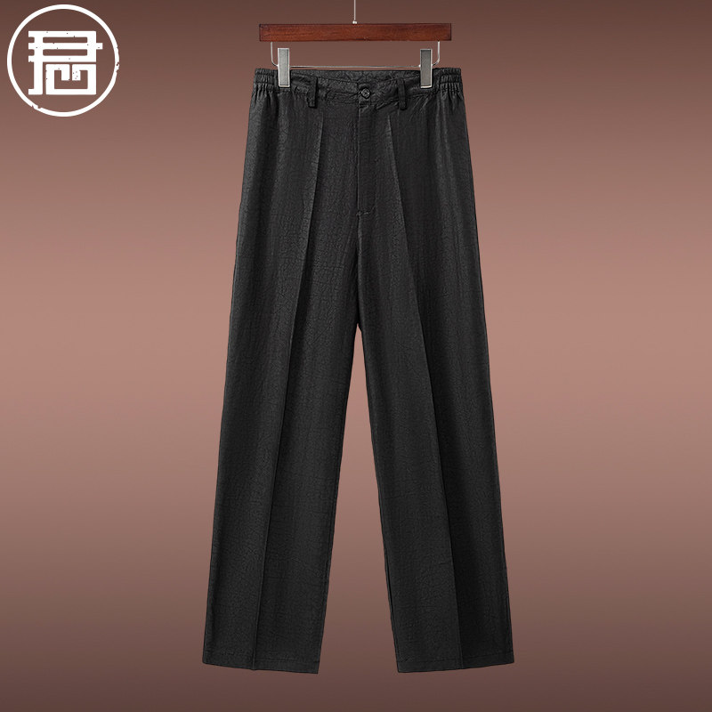 君子企鹅龟纹香云纱男裤真丝裤子中老年爸爸宽松直筒桑蚕丝休闲裤