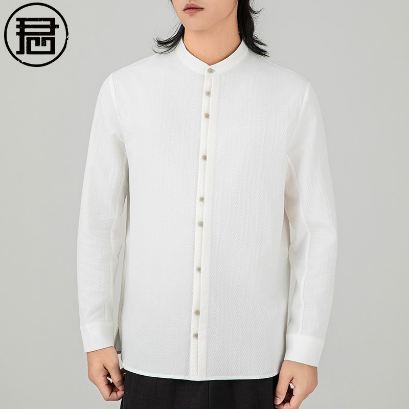 中国风男士衬衫长袖春秋中式立领复古棉麻衬衣男装国风打底衫白色