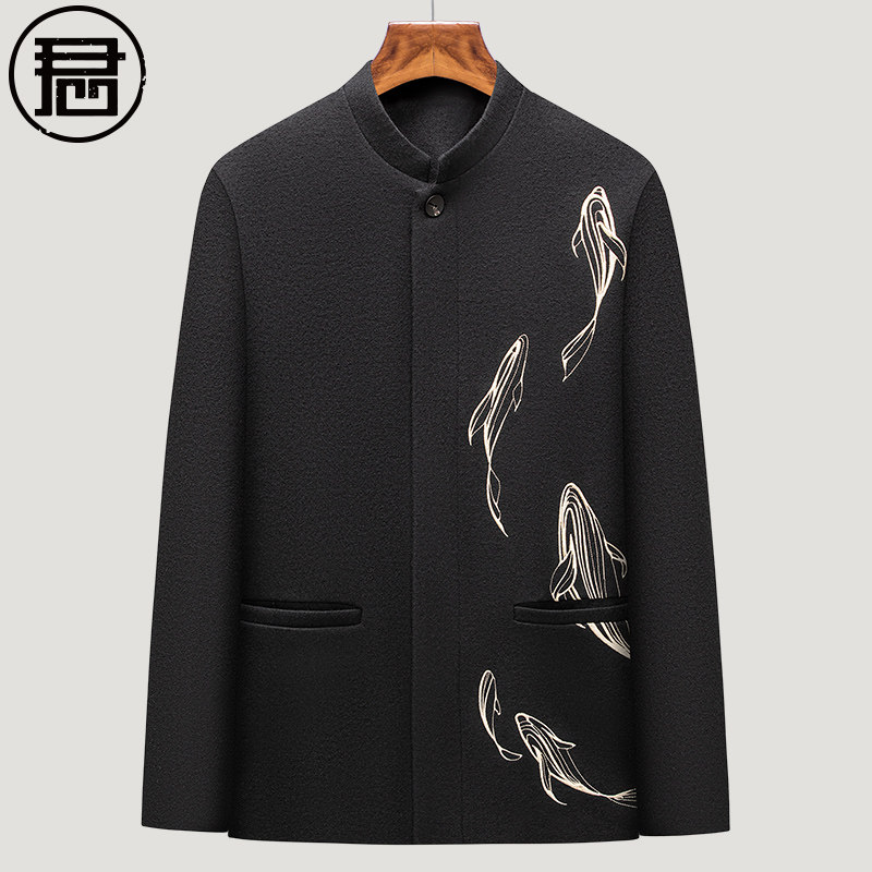中式羊毛夹克男外套中青年禅意立领鱼纹刺绣毛呢春装中国风男装潮
