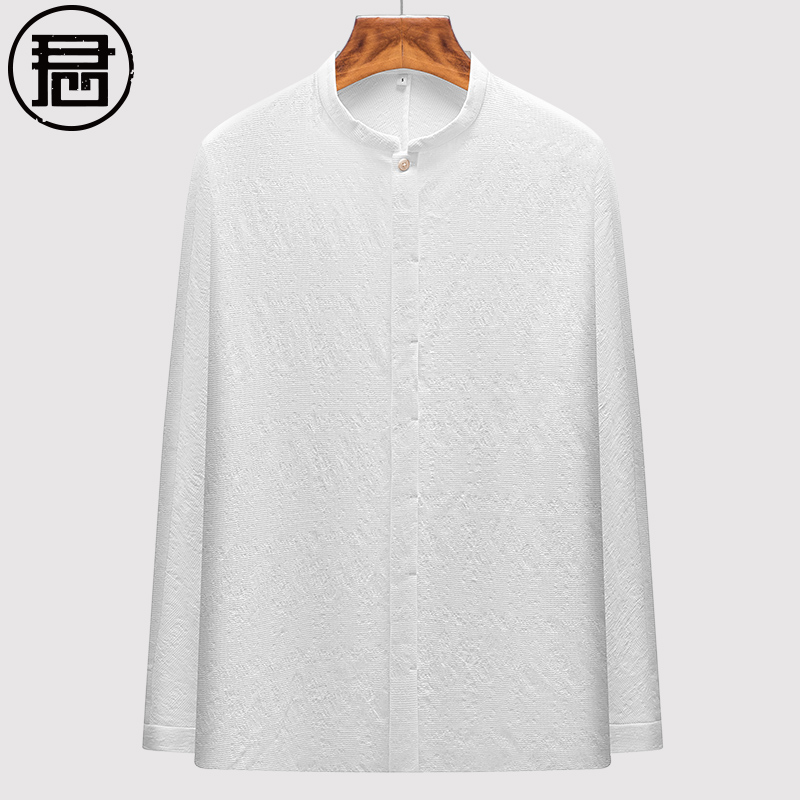 新品纯棉男士衬衫长袖中青年中式立领复古禅意衬衣中国风男装白色