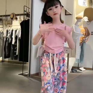 韩版童装短袖T恤儿童短款上衣碎花裤中大童学生无袖女童套装夏