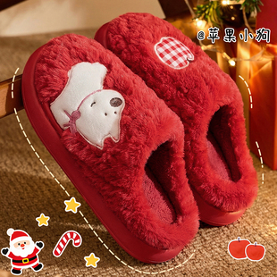 马年棉拖鞋女款冬季室内家居2026新款厚底保暖防滑红色毛毛拖鞋女