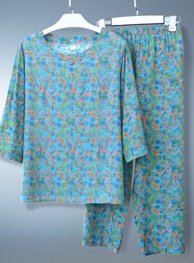 睡衣女夏薄款绵绸7分中袖宽松人棉家居服中老年妈妈外出棉绸套装