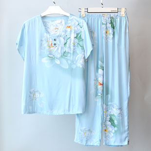 睡衣女夏薄款 棉绸短袖 七分裤 人棉家居服中老年人妈妈外出绵绸套装