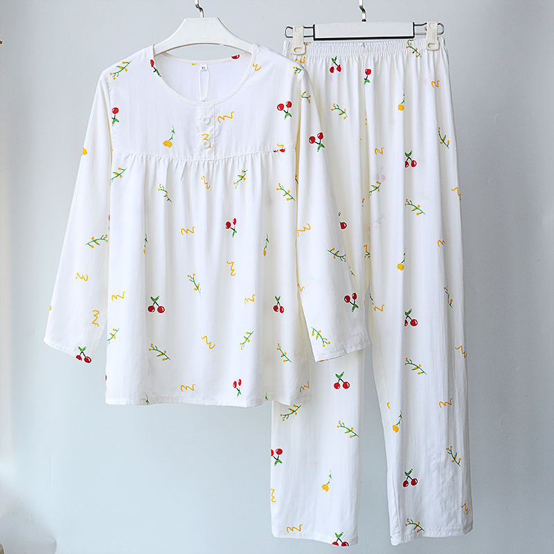 睡衣女春夏薄款绵绸长袖长裤空调服两件套人棉凉感家居服棉绸套装