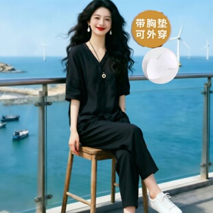 睡衣女士带胸垫夏季七分袖九分裤青中年国风开衫可外穿家居服套装
