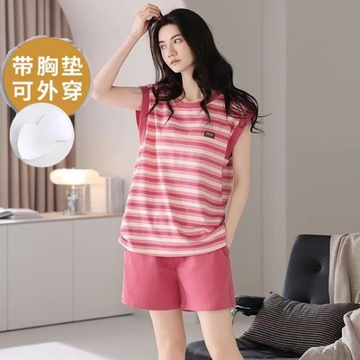 睡衣女士夏季无袖背心短裤套装