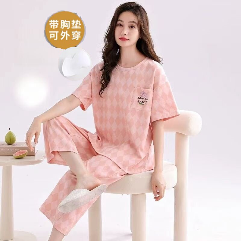 睡衣女士夏季带胸垫可外穿短袖七分裤卡通家居服女生套装免穿文胸