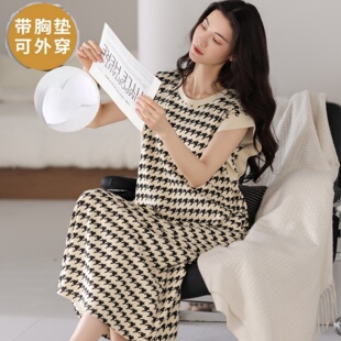 大码 带胸垫中长款 免穿文胸青中年家居服睡衣 坎肩夏季 睡裙女士无袖