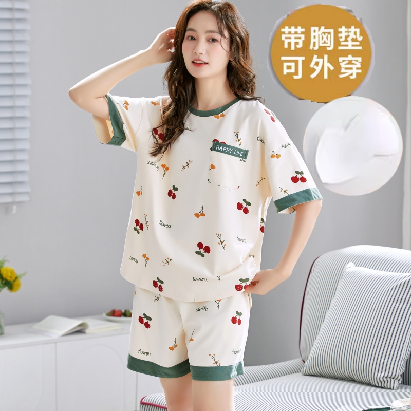 女士夏季薄款纯棉短袖睡衣可外出
