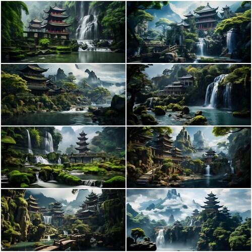 鱼缸背景贴纸画高清图楼阁山水古建筑外贴水族造景装饰图高端定制