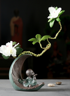 哥窑禅意小和尚花瓶花器博古架摆件创意陶瓷家居饰品茶道桌面摆件