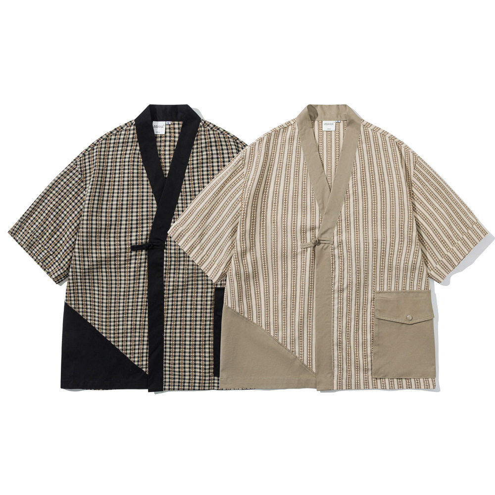 KAPITAL VINTAGE 夏季条纹短袖道袍日系拼接工装衬衣宽松半袖外套