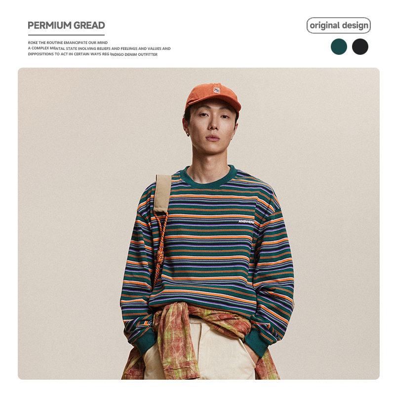 日系复古美式街头男女t条纹长袖T恤情侣款宽松休闲圆领卫衣套头衫