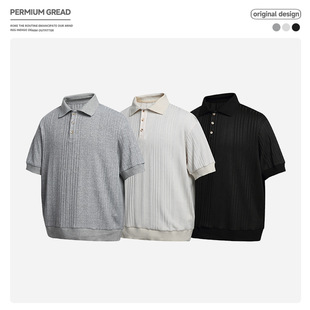 日系纯色提花老钱风肌理感翻领短袖 男t潮流针织休闲T恤上衣 polo衫