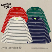 日系复古 打底衫 logo小领口t恤男女宽松休闲百搭春秋长袖 条纹短袖