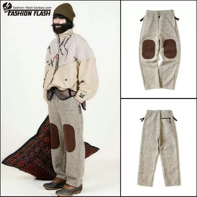 21AW KAPITAL 平田和宏 保暖羊毛呢抓绒麂皮补丁宽松松紧休闲长裤