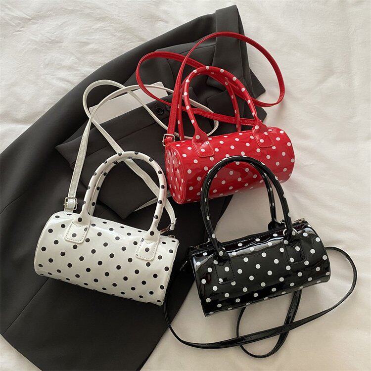 韩系可爱波点手提圆筒小包包2025新款甜酷辣妹百搭手拎包波士顿包