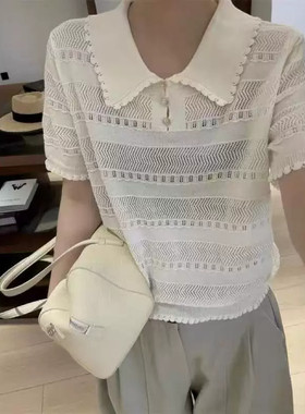 夏季女上衣锯齿POLO领镂空条纹米杏短袖圆领宽松针织衫98585