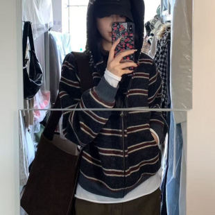 oversize！复古条纹连帽毛衣开衫女秋冬新款韩版宽松拉链针织外套