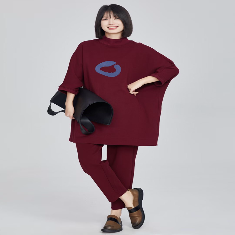 Q275C七分袖宽松中长款半高领印花连衣裙女秋季休闲显瘦百搭