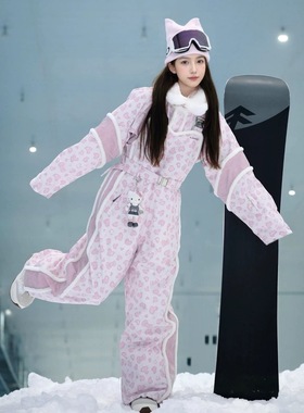 将军山雪服租赁，LDAB粉色印花滑雪服套装女2025冬新款，小个子