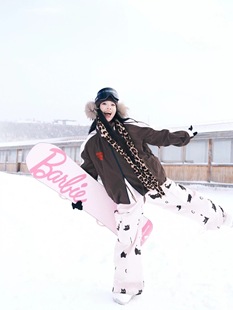 将军山雪服租赁，BCG粉棕可爱小猫印花单双板雪服套装，大码女