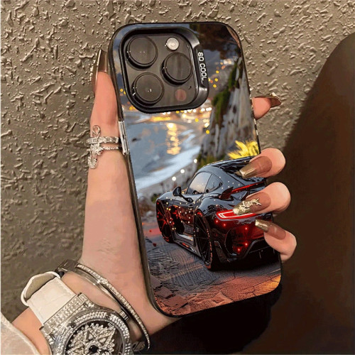 时尚跑车适用苹果16promax彩银iPhone15pro手机壳14/13/12/11磨砂