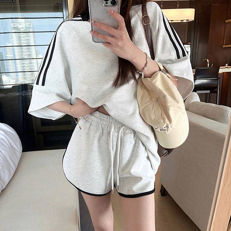 慵懒风休闲运动套装女夏季学生小个子宽松薄款短袖短裤跑步两件套