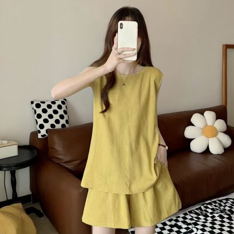 大码女装胖mm黄色无袖短裤套装夏装搭配一整套休闲运动薄款两件套