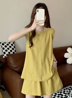 大码女装胖mm黄色无袖短裤套装夏装搭配一整套休闲运动薄款两件套