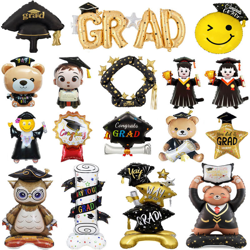 2026GRAD毕业季派对典礼装饰小熊博士帽证书站立气球学校舞台布置