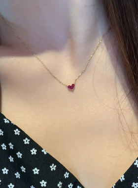 日系MINI小红心~极奢红宝石小桃心项链女18K小巧精致爱心形锁骨链