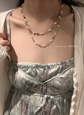 原创/ 流萤 / 天然珍珠萤石双层项链女 复古搭配饰品