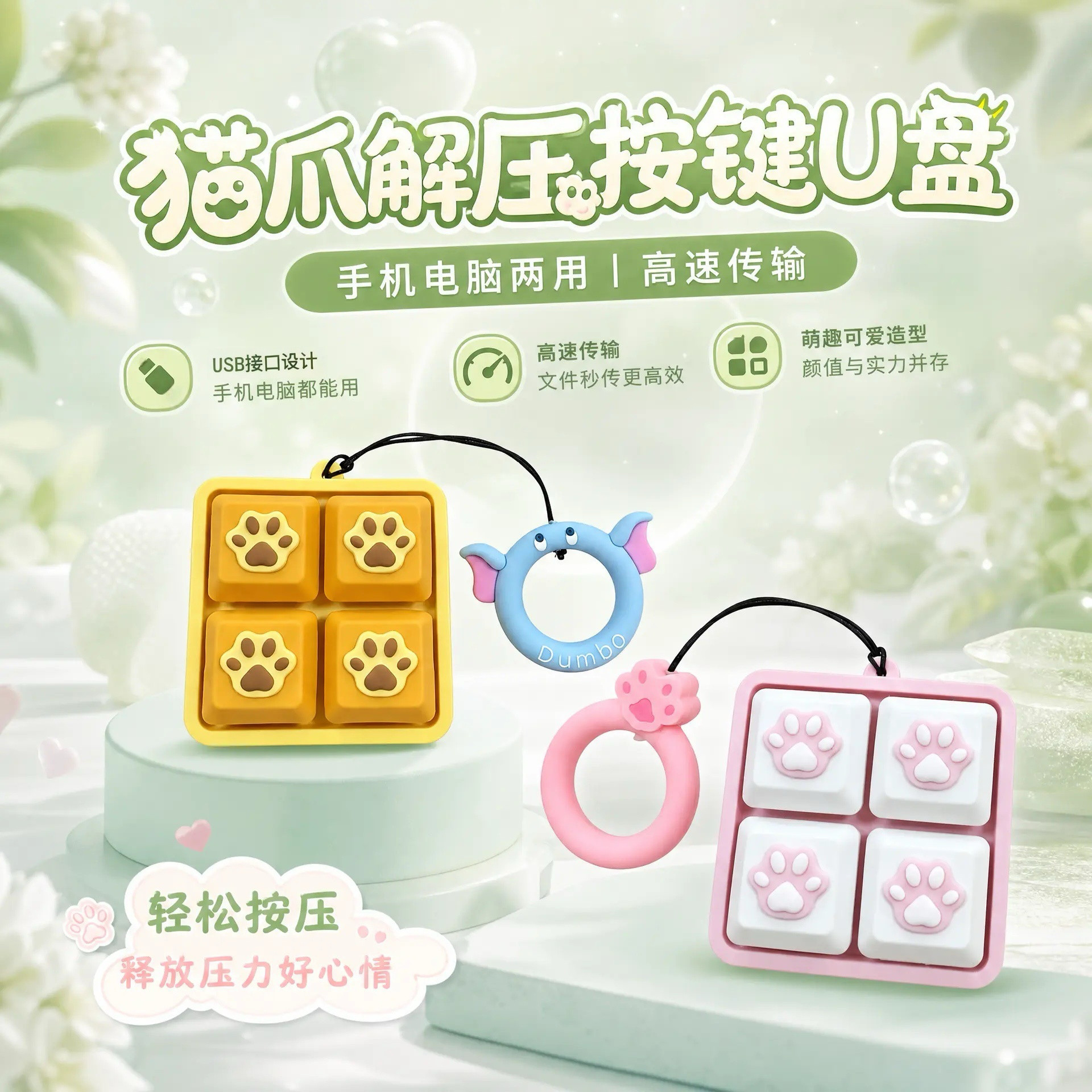 趣味卡通解压猫爪按键U盘手机电脑两用高速传输u盘个性定制logo