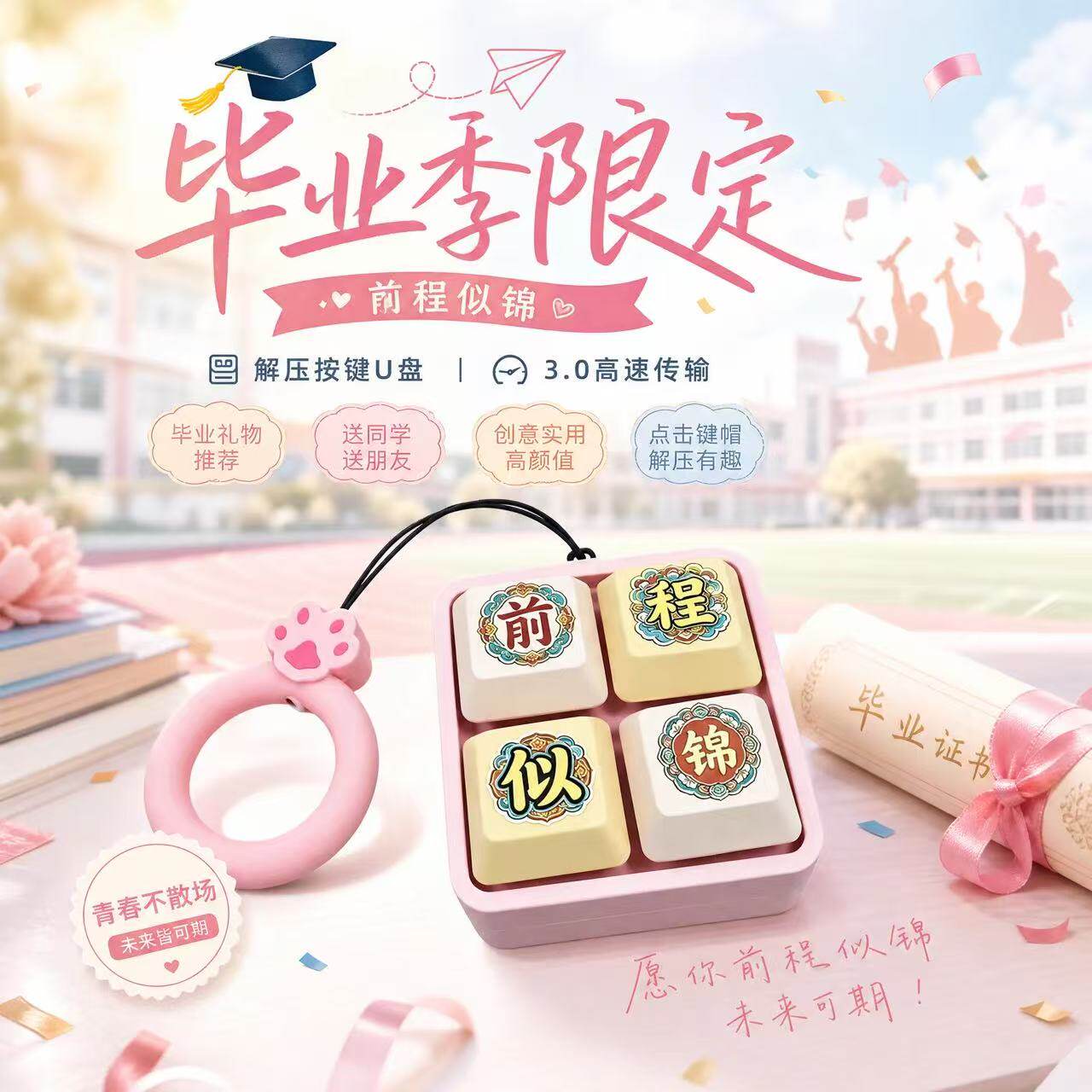 毕业季前程似锦按键U盘3.0两用type-c双接口个性定制创意logo摆件