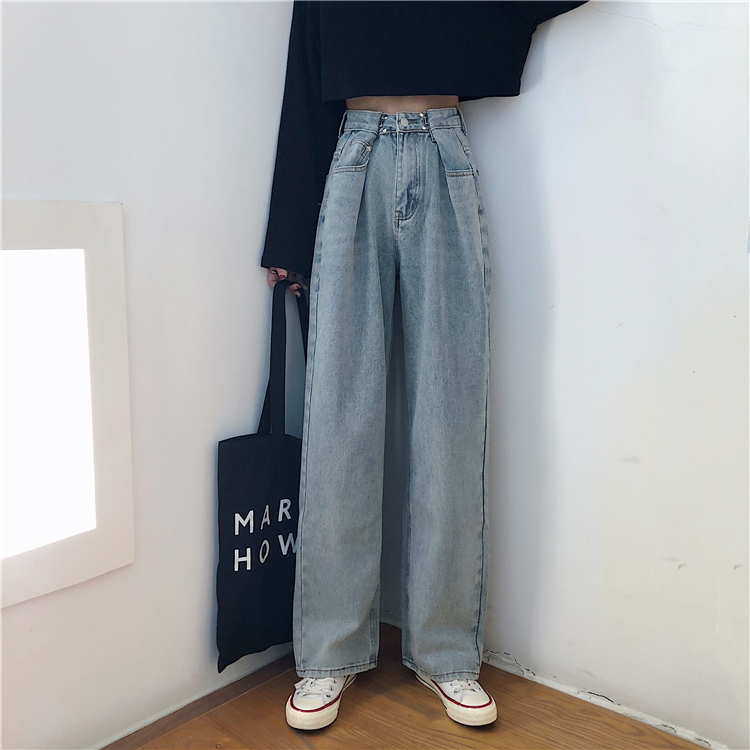 Real shot real price light color ins jeans tube loose student Hong Kong chic high waist mopping dad pants