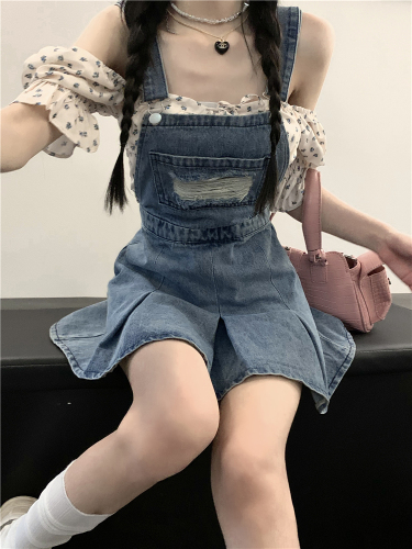 Real shot real price ~# aging denim suspender skirt female small minority chain design suspender skirt