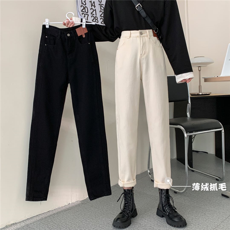 Real shot and real price ා thickened fleece and cashmere Korean autumn new high waisted slim straight tube loose fitting jeans