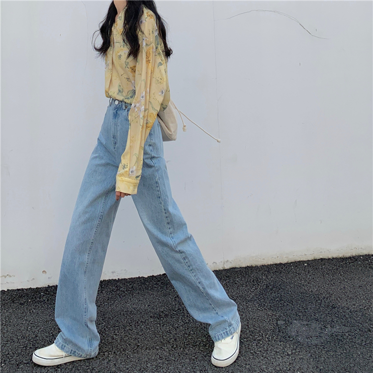 Real photo real price elegant light blue jeans women's loose high waist show thin all around show leg elder father pants