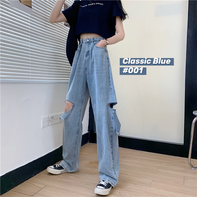 Real photo real price  elegant jeans women's high waist with holes light color loose old dad's vertical straight tube wide leg mops