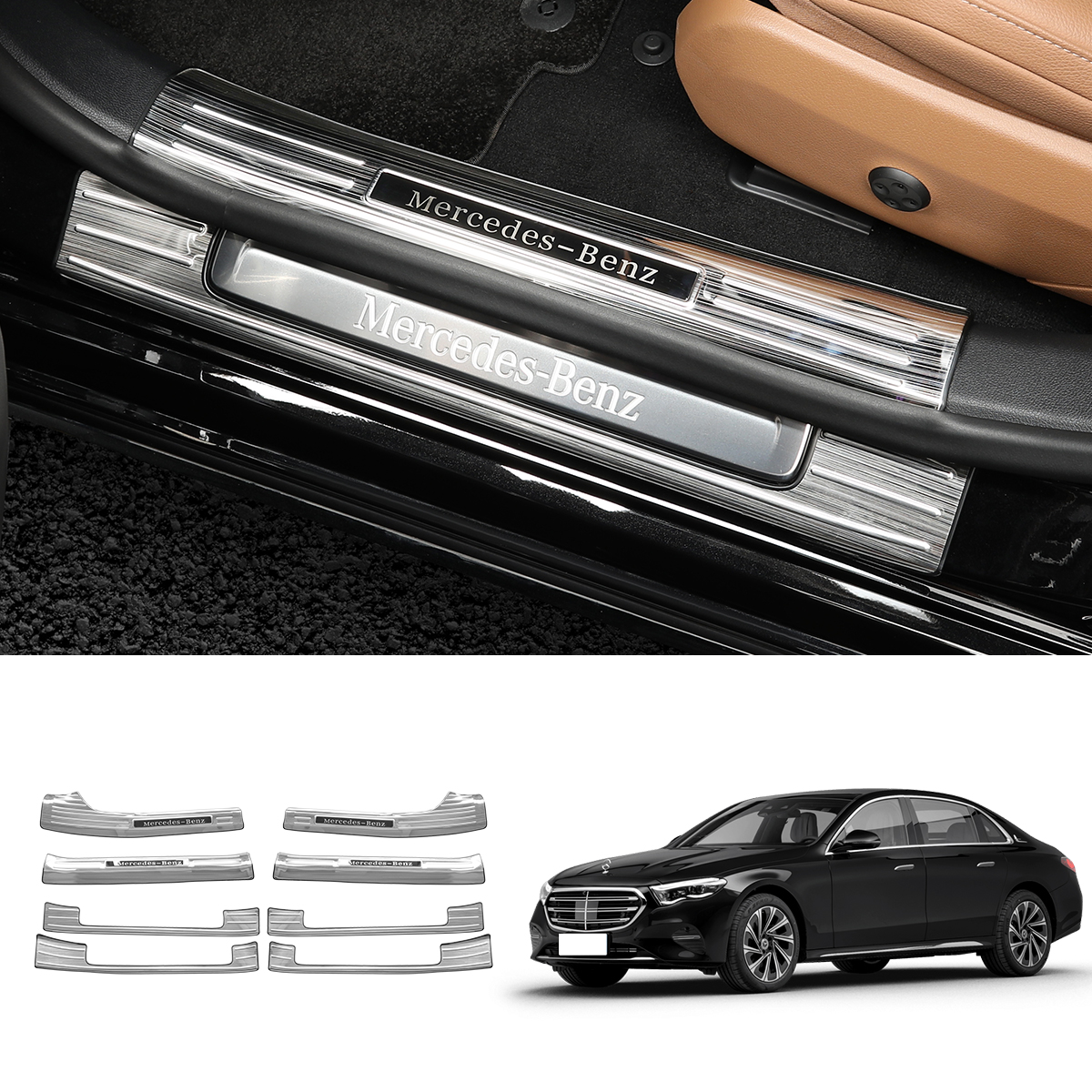 24-25款奔驰E300L门槛条不锈钢迎宾踏板不锈钢后护板尾门板内饰件