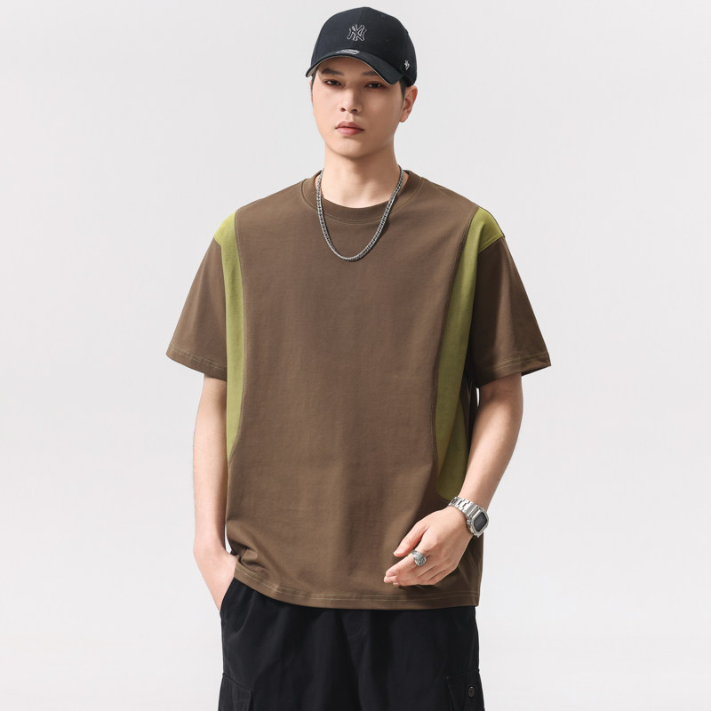 新款拼色夏季潮男上衣T恤潮牌韩版百搭圆领帅气运动透气短袖撞色