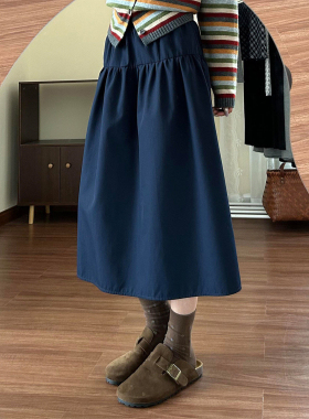 日系藏蓝色半身裙女夏季新款a字伞裙大码胖mm高腰遮胯显瘦中长裙