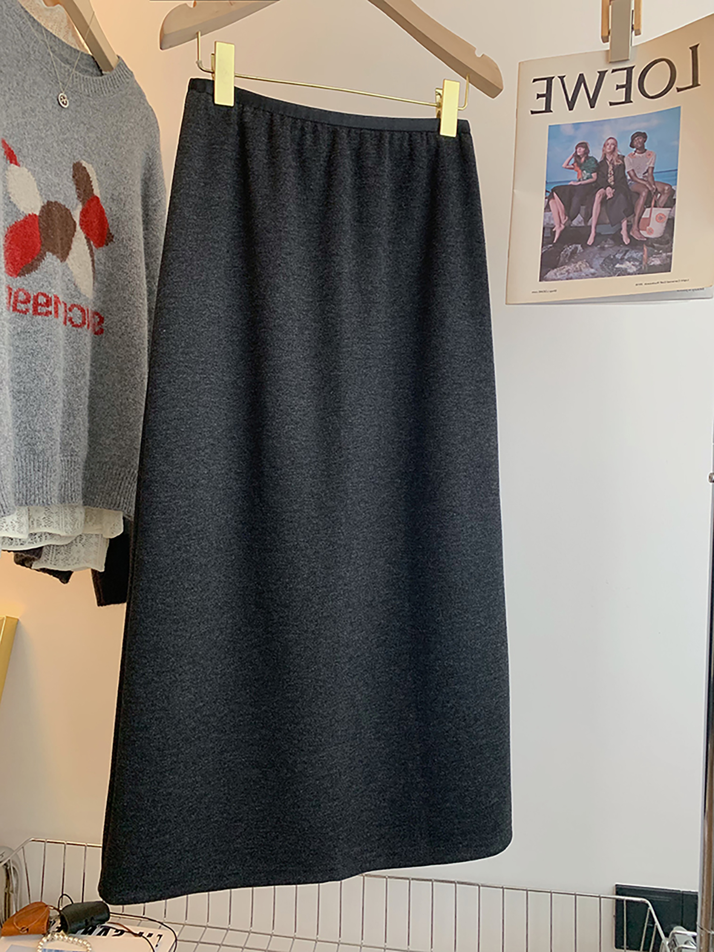 Elastic Waist Woolen Skirt for Women, New Autumn and Winter Style, Plus Size, High Waist, Hip-Covering, Slimming, Back Slit, Mid-Length A-Line Skirt
