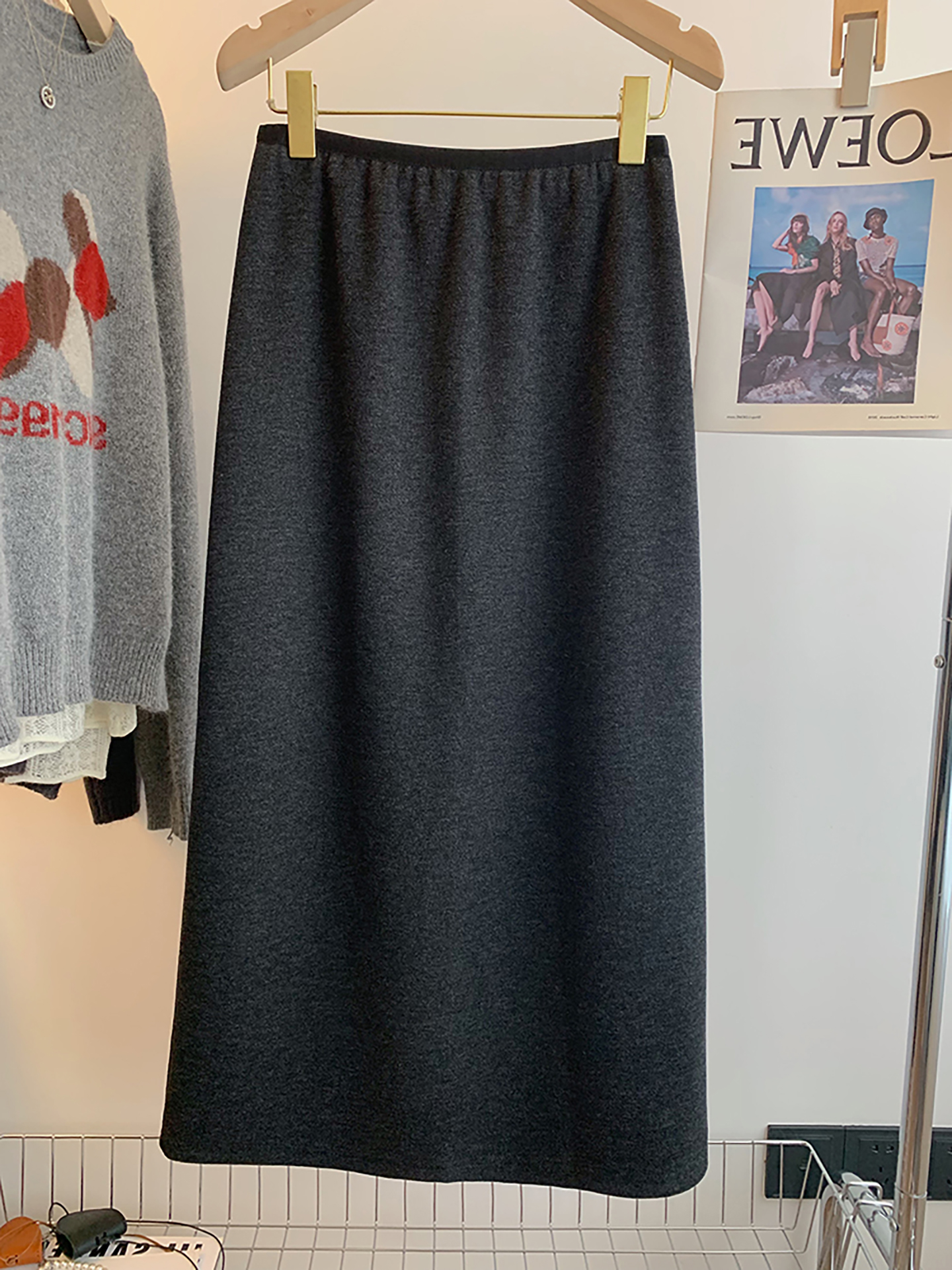 Elastic Waist Woolen Skirt for Women, New Autumn and Winter Style, Plus Size, High Waist, Hip-Covering, Slimming, Back Slit, Mid-Length A-Line Skirt