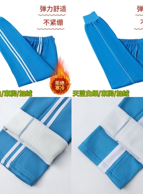 天蓝色加绒校服裤子男两条杠高中学生裤运动裤初中浅蓝色加厚校裤