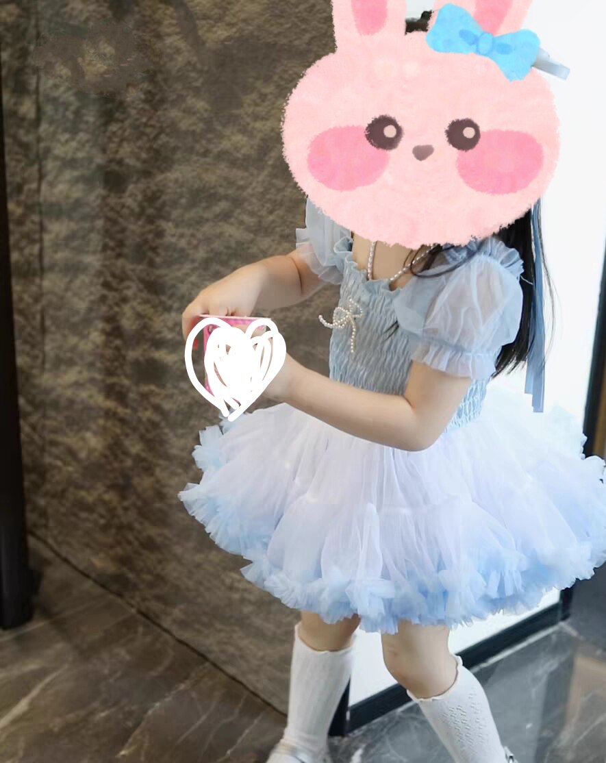 女童夏季短袖拼接网纱连衣裙蓝色宝宝tutu裙泡泡袖公主裙子蓬蓬纱