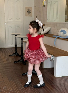夏季女童公主洋气甜美小飞袖红色格子裤裙蓬蓬纱tutu半身裙花苞裙
