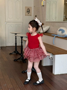 夏季女童公主洋气甜美小飞袖红色格子裤裙蓬蓬纱tutu半身裙花苞裙